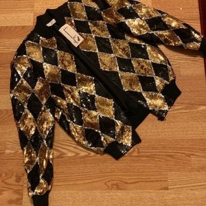 NWT Vintage Laurence Kazar sequin argyle bomber zip up, sparkle and shine
